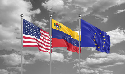 Three realistic flags. Three colored silky flags in the wind: USA (United States of America), EU (European Union) and Venezuela. 3D illustration.