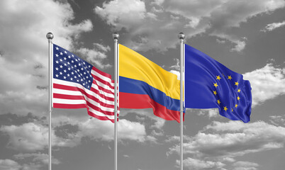Three realistic flags. Three colored silky flags in the wind: USA (United States of America), EU (European Union) and Colombia. 3D illustration.