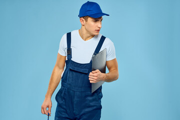 Delivery service man worker rendering service blue background