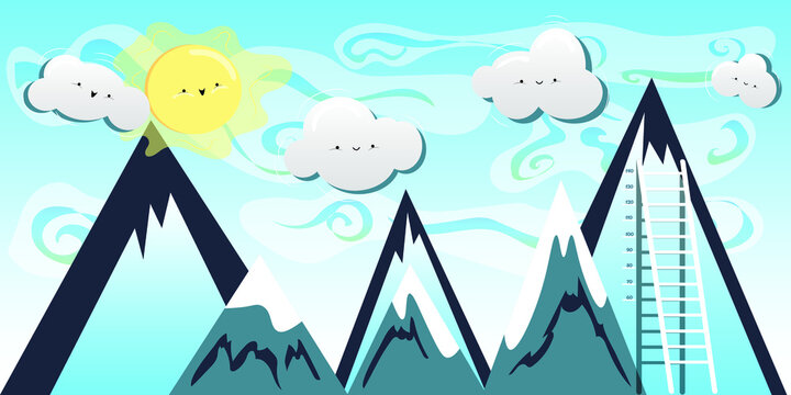 Cute sun and clouds above the mountains with growth meter. Wallpaper for kids room. Vector illustration.