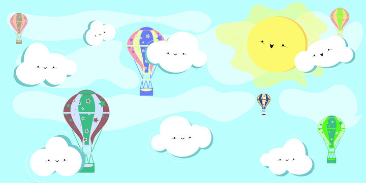 Light blue sky with cute sun and clouds in a front on air balloons. Wallpaper for kids bedroom.Vector illustration. © Katerina Nahorna