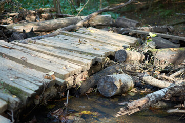 old planked wooden bridge over a small forest river