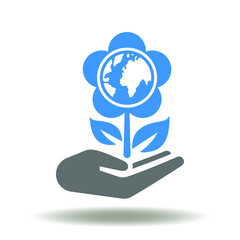 Hand hold flower with earth planet icon vector. Ecology Environment Safety Sign. Global green eco world care symbol.