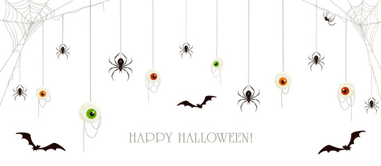 Halloween Banner with Eyes and Spiders on White Background