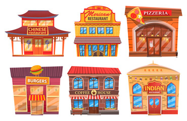 Naklejka premium Set of dining public buildings. Cartoon Chinese restaurant with pagoda, Mexican cafe, pizzeria, burger, coffee shop, Indian cuisine. Stylized building with traditional cuisine of world nationalities