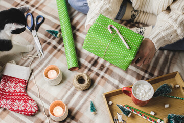 Young woman sits on plaid in cozy knitted woolen white sweater, socks and wraps Christmas gift in polka dot wrapping paper. Funny black and white tuxedo cat is playing nearby.