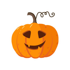 Cute orange pumpkin with happy face on white background.  Autumn colorful pumpkin for your design for the holiday Halloween. Vector cartoon illustration.