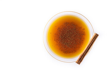 Pumpkin cocktail in glass isolated on white background.Top view.Copy space