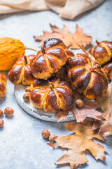 Pumpkin buns bread. Halloween Food Concept. Autumn food