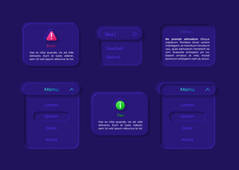 Panel UI elements kit. Search bar. Tips and details. Dropdown menu isolated vector icon, bar and dashboard template. Web design widget collection for mobile application with dark theme interface
