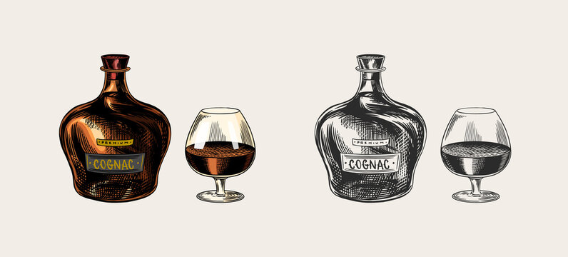 Cognac bottle and glass goblet. Engraved hand drawn vintage sketch. Woodcut style. Vector illustration.