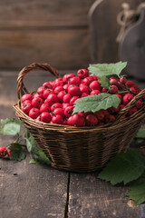 Red berries of fresh hawthorn in the basket standing on a wooden table. Copy space.