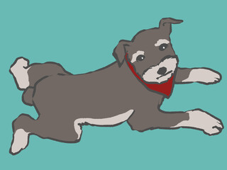 赤いタイを付けた小型犬が伏せをしている手描きイラスト