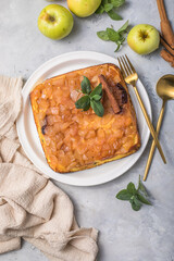 Cottage cheese casserole with apples and cinnamon . Concept of a healthy Breakfast. Sweet food, gluten free, homemade cakes