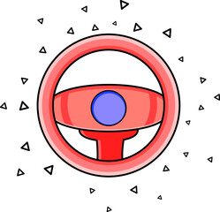 A steering wheel. A cartoon image of steering wheel. A red coloured steering wheel.