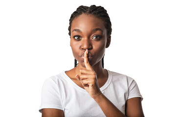 African Woman Showing Hush Sign Looking At Camera, White Background