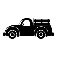 Pickup truck icon. Old farm car. Black silhouette. Side view. Vector flat graphic illustration. The isolated object on a white background. Isolate.