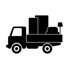 Truck icon. Delivery and transportation of furniture. Black silhouette. Side view. Vector flat graphic illustration. The isolated object on a white background. Isolate.