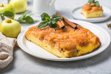Cottage cheese casserole with apples and cinnamon . Concept of a healthy Breakfast. Sweet food,...