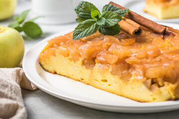 Cottage cheese casserole with apples and cinnamon . Concept of a healthy Breakfast. Sweet food, gluten free, homemade cakes