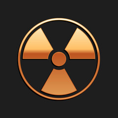 Gold Radioactive icon isolated on black background. Radioactive toxic symbol. Radiation Hazard sign. Long shadow style. Vector.