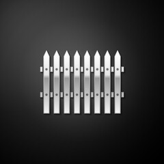 Silver Fence wooden icon isolated on black background. Garden fence sign. Long shadow style. Vector.