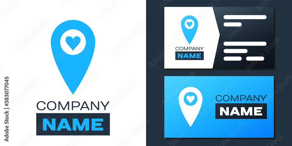 Poster logotype map pointer with heart icon isolated on white background. valentines day. love location. ro