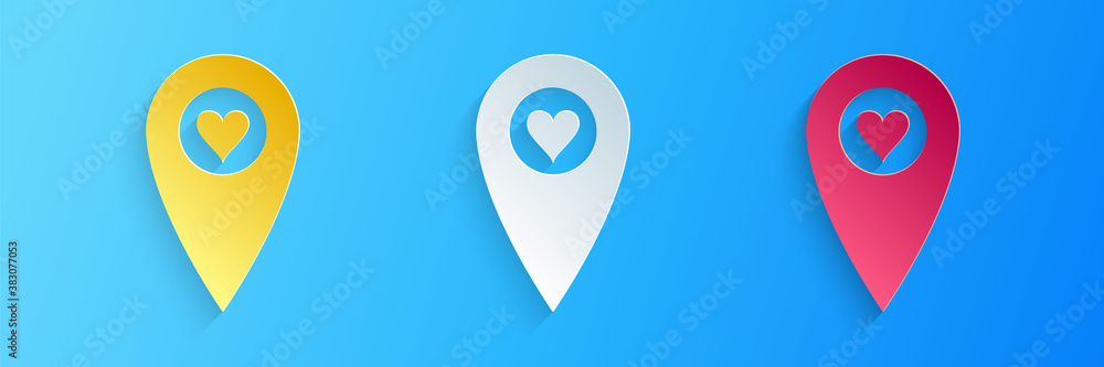 Poster paper cut map pointer with heart icon isolated on blue background. valentines day. love location. ro