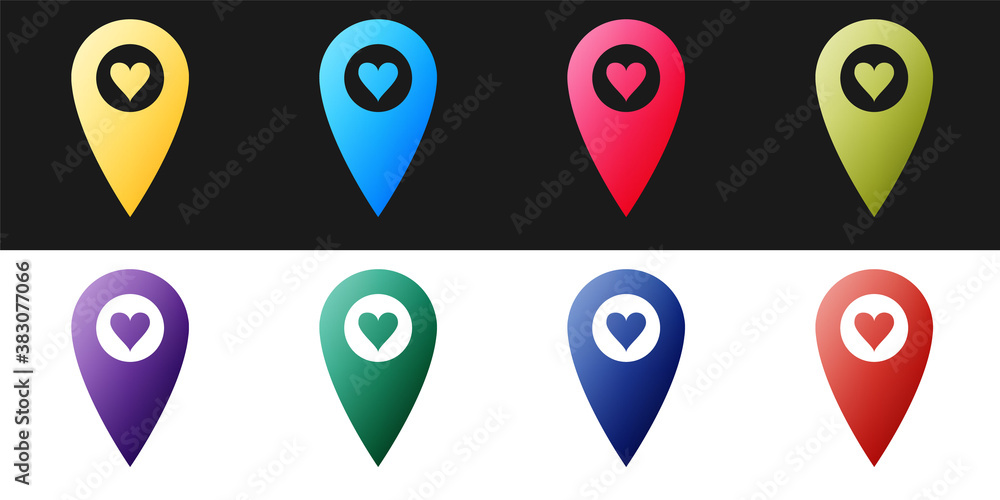 Poster set map pointer with heart icon isolated on black and white background. valentines day. love locatio