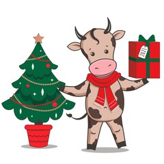 Ox Zodiac Sign of 2021. Vector Cartoon Cute Calf Character. Happy Chinese New Year Holiday with Funny Doodle Bull in scarf, with gift box and christmas tree, decoration. Greeting card template.