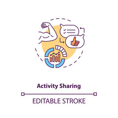 Activity sharing concept icon. Device capability idea thin line illustration. Share fitness stats. Community interaction. Workout. Vector isolated outline RGB color drawing. Editable stroke