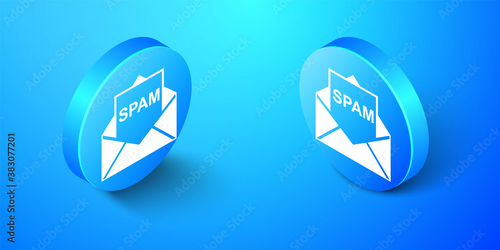 Aufkleber isometric envelope with spam icon isolated on blue background. concept of virus, piracy, hacking and