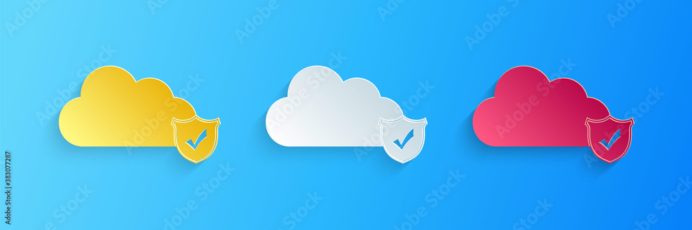 Poster paper cut cloud and shield with check mark icon isolated on blue background. cloud storage data prot