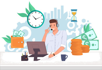 Male operator finance and analytic support call center or hotline. Man in headphones sits at a computer and chats online. Cash and watch on the background. Hotline customer finance assistance