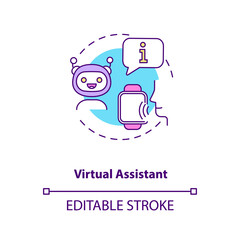 Virtual assistant concept icon. Gadget function idea thin line illustration. Artificial intelligence. Voice-activated speaker. Show info. Vector isolated outline RGB color drawing. Editable stroke