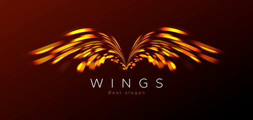 Golden wings made of sparkling lights, blurred flares, logo identity, digital design element