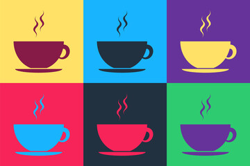Pop art Coffee cup icon isolated on color background. Tea cup. Hot drink coffee. Vector.