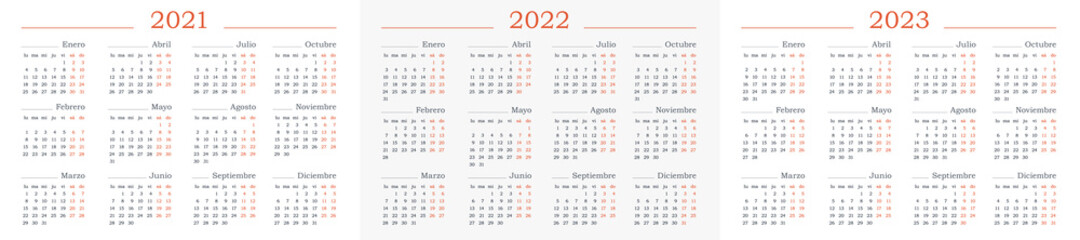 CALENDAR template for 2021, 2022, 2023 in Spanish. Week starts from Monday. Horizontal Vector editable template set. Simple and clean design	
