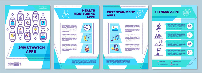 Smartwatch apps brochure template. Health, entertainment, fitness apps. Flyer, booklet, leaflet print, cover design with linear icons. Vector layouts for magazines, annual reports, advertising posters