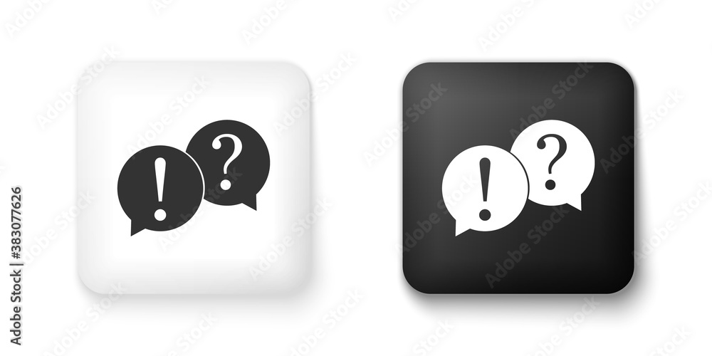Poster black and white speech bubbles with question and exclamation marks icon isolated on white background