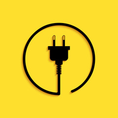 Black Electric plug icon isolated on yellow background. Concept of connection and disconnection of the electricity. Long shadow style. Vector.