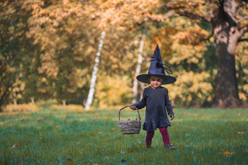 cute little todler giirl witch in hallowem costume in fall forest