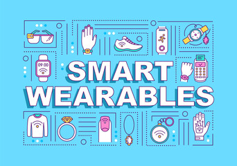 Smart wearables word concepts banner. Smart devices, gadget, technology. Infographics with linear icons on purple background. Isolated typography. Vector outline RGB color illustration
