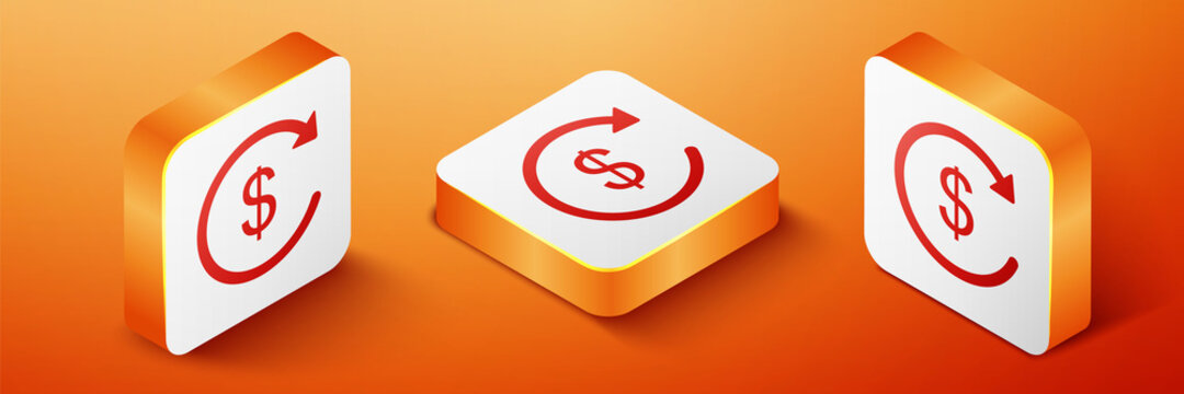 Isometric Refund money icon isolated on orange background. Financial services, cash back concept, money refund, return on investment, currency exchange. Orange square button. Vector.