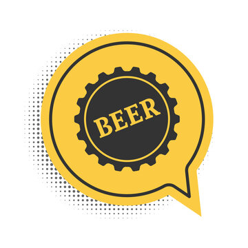 Black Bottle cap with beer word icon isolated on white background. Yellow speech bubble symbol. Vector.