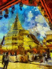 Wat Phra That Doi Suthep temple Illustrations creates ant style impressionis of painting.