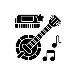 Folk music black glyph icon. National songs types. Ethnic banjo guitar. Mouth harmonica with star. Song notes variety. ilhouette symbol on white space. Vector isolated illustration
