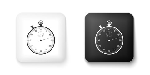 Black and white Classic stopwatch icon isolated on white background. Timer icon. Chronometer sign. Square button. Vector.
