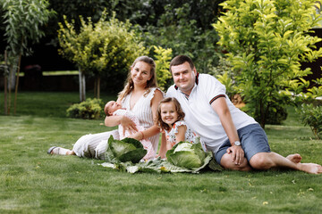 father, mother and two children, baby girl and little daughter on the grass with cabbages on summer day. Happy family sitting together outdoors, having fun. Happiness and harmony in family life.