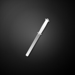 Silver Police rubber baton icon isolated on black background. Rubber truncheon. Police Bat. Police equipment. Long shadow style. Vector.
